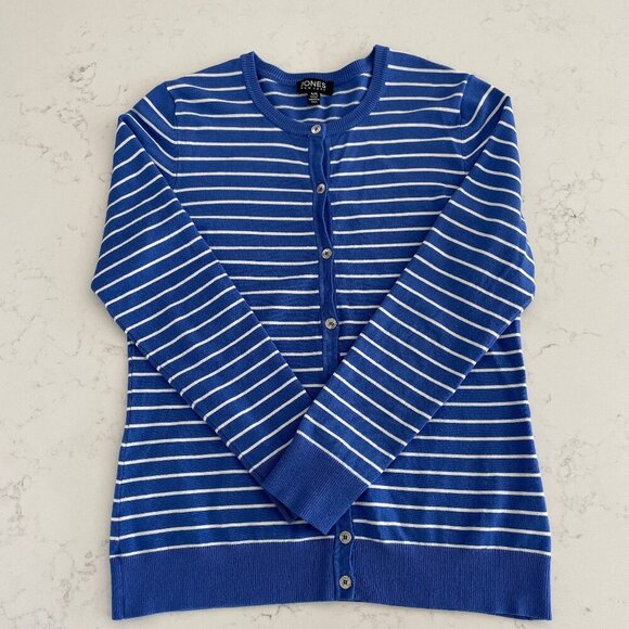 Jones New York LS Striped Viscose Nylon Cardigan Sweater Blue & Wht Sz S NWOT - Picture 1 of 10